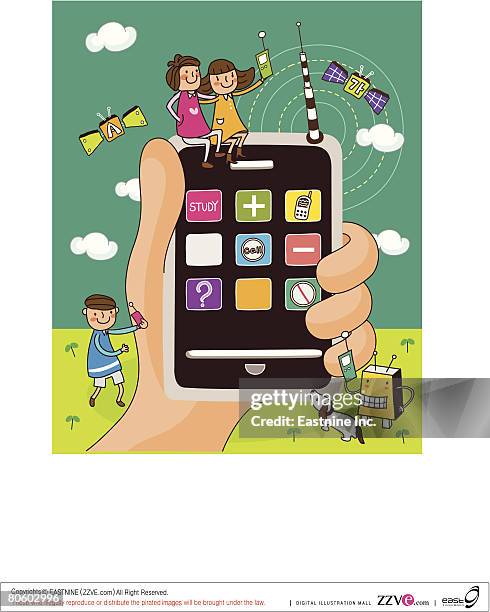 two girls sitting on a remote held by the person's hand - car aerial view stock illustrations