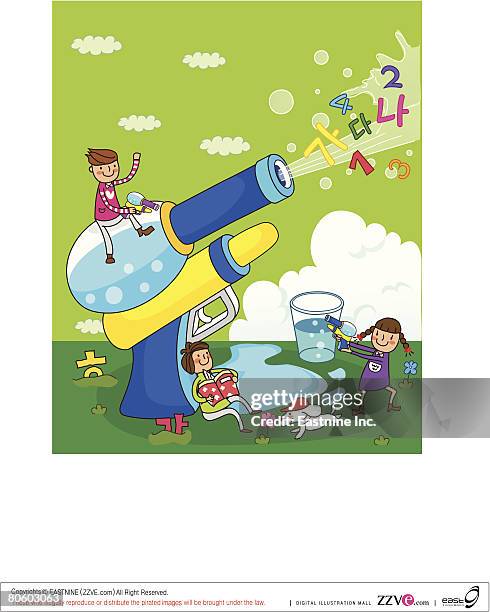 stockillustraties, clipart, cartoons en iconen met boy and a girl playing with squirt guns - naughty in class