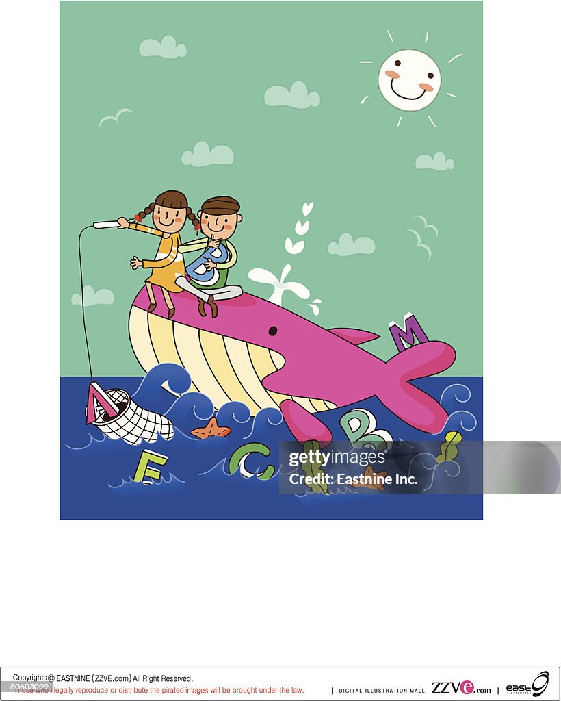 Boy with a girl sitting on a whale and fishing in the sea