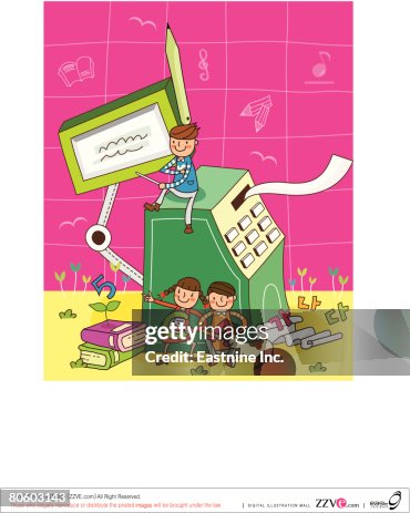 Three Children With An Adding Machine High-Res Vector Graphic - Getty ...