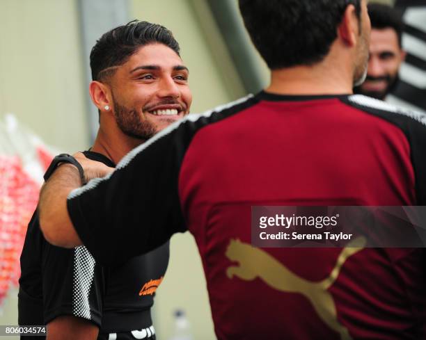 Newcastle player Achraf Lazaar laughs during the Newcastle United Training Session at the Newcastle United Training Centre on July 3 in Newcastle...