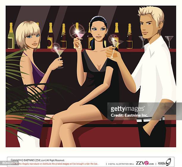 portrait of a man with two women at a bar counter - bar drink establishment stock-grafiken, -clipart, -cartoons und -symbole