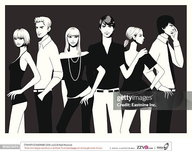 three couples standing together - looking at camera studio stock illustrations