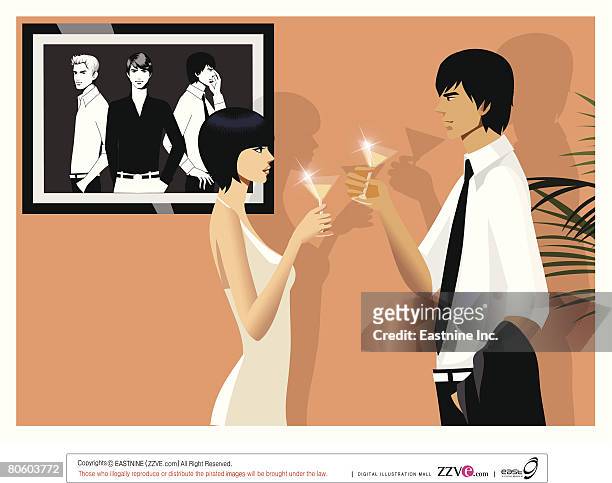 side profile of a couple toasting with martini glasses - oberhemd stock-grafiken, -clipart, -cartoons und -symbole