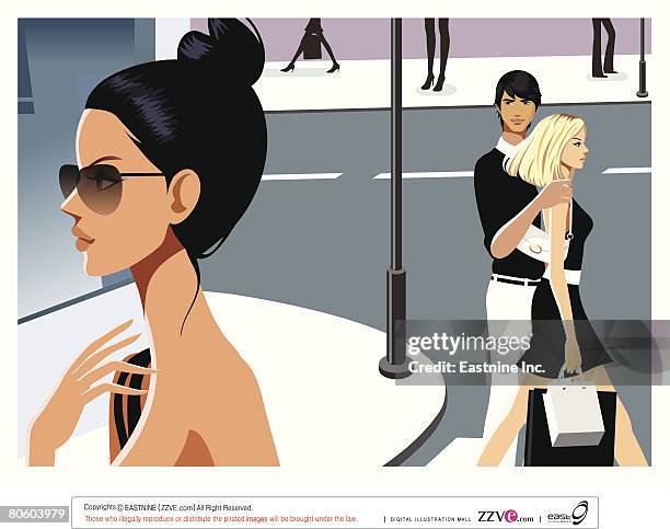 ilustraciones, imágenes clip art, dibujos animados e iconos de stock de side profile of a woman with a couple walking in the background - melena mediana