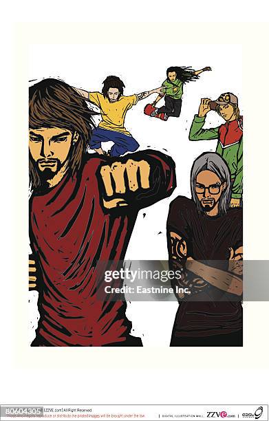 five people involved in different activities - man standing facing camera stock illustrations