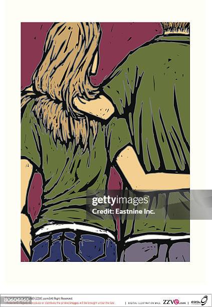 rear view of a couple walking with their arms around each other - romantic couple back stock illustrations