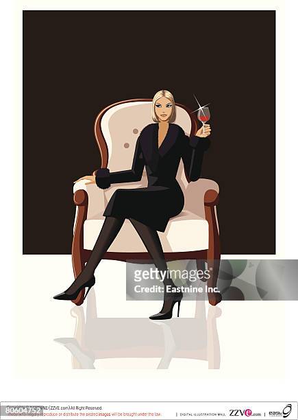 ilustraciones, imágenes clip art, dibujos animados e iconos de stock de woman sitting in an armchair and holding a glass of red wine - melena mediana