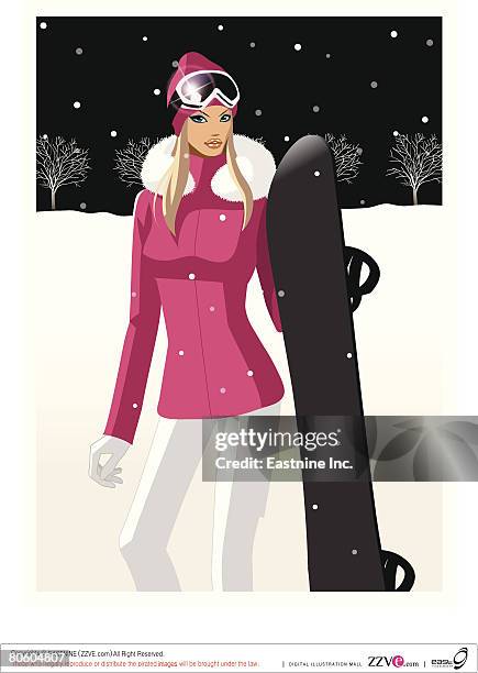 woman holding a snowboard - winter jacket stock illustrations