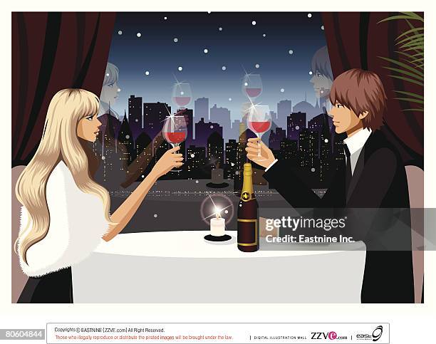 illustrazioni stock, clip art, cartoni animati e icone di tendenza di couple holding glasses of red wine in a restaurant - architecture restaurant interior