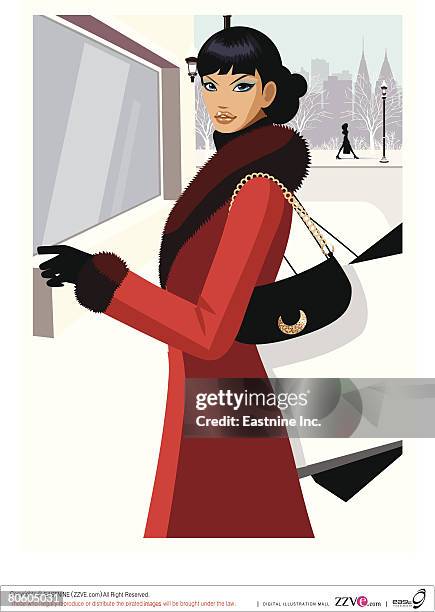 side profile of a woman standing in front of a store - fur coat stock illustrations