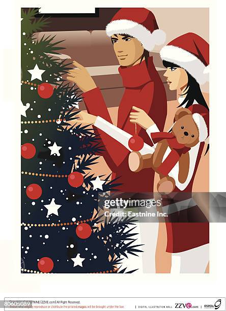 side profile of a couple decorating a christmas tree - couple decorating stock illustrations