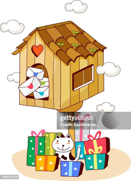 cat sitting with christmas presents under a mailbox - reading mail stock illustrations