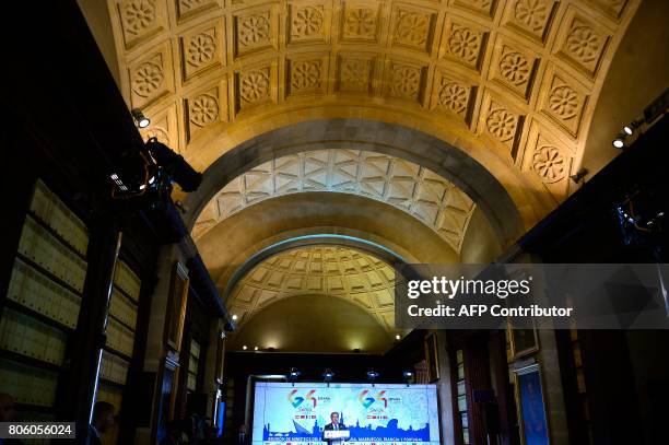 Spanish Minister of Interior Juan Ignacio Zoido speaks as he gives a press conference at the "Archivo de Indias" in Seville on July 3 during the G4...