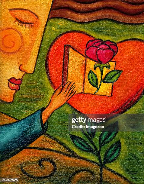 woman opening the door to a heart that has a rose coming out of it - rose garden stock illustrations