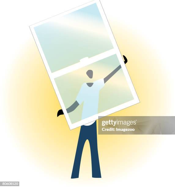 a window installer holding a glass pane - glass installer stock-grafiken, -clipart, -cartoons und -symbole