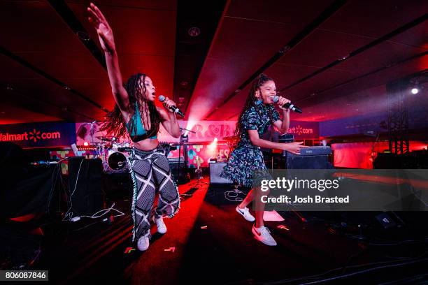 Chloe Bailey and Halle Bailey of Chloe x Halle perform onstage at the 2017 Essence Festival at the Mercedes-Benz Superdome on July 2, 2017 in New...