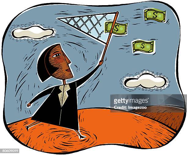 an illustration of a businesswoman catching money using a net - ____ stock illustrations