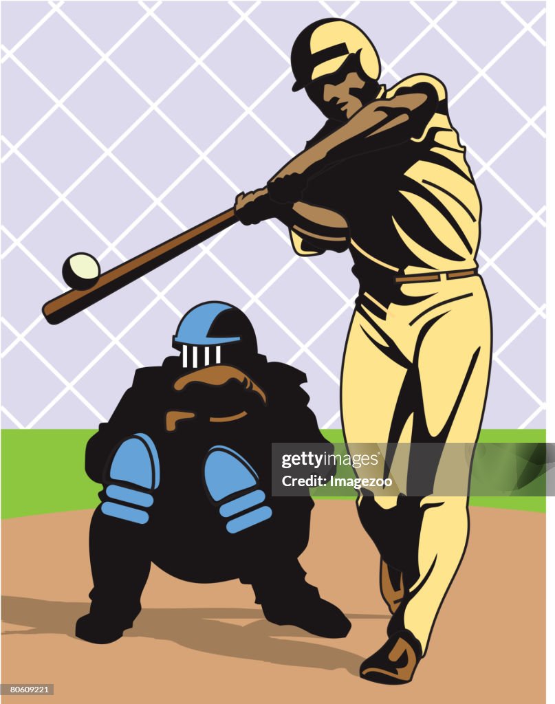 A baseball player taking a swing with a catcher in the background