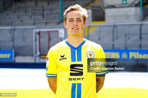 Phillip Tietz of Eintracht Braunschweig poses during the official team presentation of Eintracht Braunschweig at Eintracht Stadion on July 3, 2017 in...