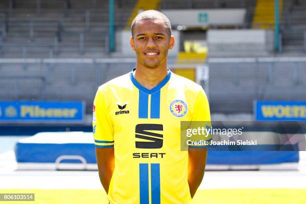 Louis Samson of Eintracht Braunschweig poses during the official team presentation of Eintracht Braunschweig at Eintracht Stadion on July 3, 2017 in...