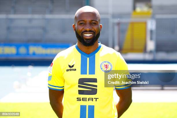 Dominik Kumbela of Eintracht Braunschweig poses during the official team presentation of Eintracht Braunschweig at Eintracht Stadion on July 3, 2017...