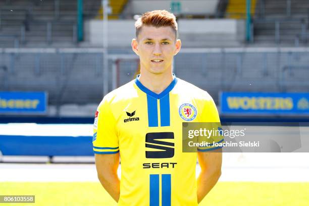 Robin Becker of Eintracht Braunschweig poses during the official team presentation of Eintracht Braunschweig at Eintracht Stadion on July 3, 2017 in...