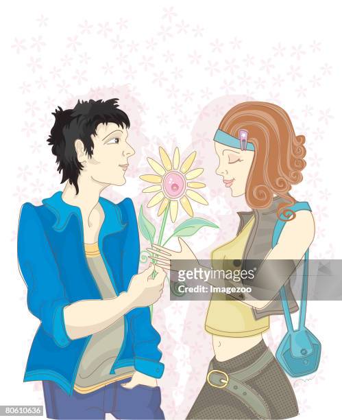 a man giving his girlfriend a flower - blind date stock illustrations