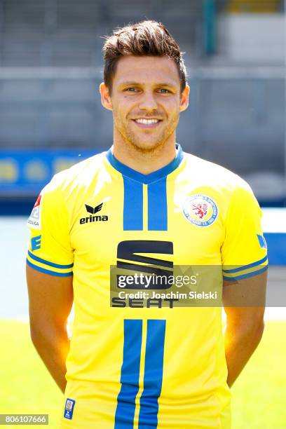 Mirko Boland of Eintracht Braunschweig poses during the official team presentation of Eintracht Braunschweig at Eintracht Stadion on July 3, 2017 in...