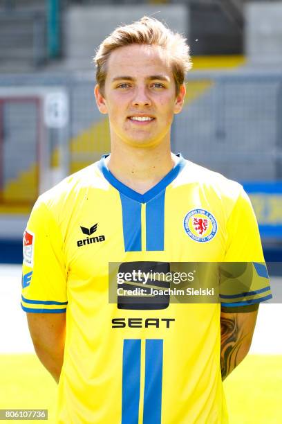 Phillip Tietz of Eintracht Braunschweig poses during the official team presentation of Eintracht Braunschweig at Eintracht Stadion on July 3, 2017 in...