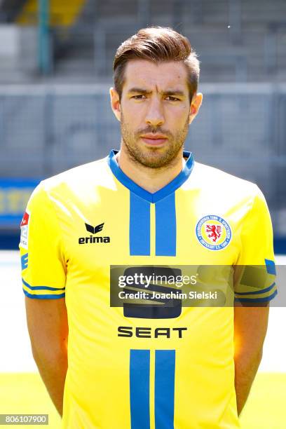 Patrick Schoenfeld of Eintracht Braunschweig poses during the official team presentation of Eintracht Braunschweig at Eintracht Stadion on July 3,...