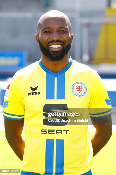 Dominik Kumbela of Eintracht Braunschweig poses during the official team presentation of Eintracht Braunschweig at Eintracht Stadion on July 3, 2017...