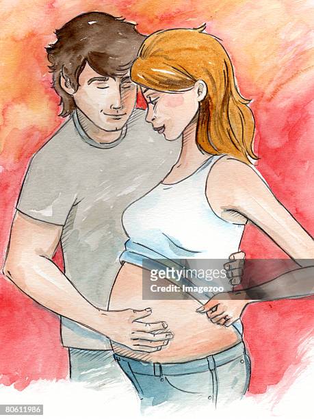 A Husband Touching His Wifes Pregnant Belly High-Res Vector Graphic - Getty  Images