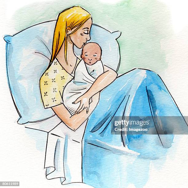a woman in a hospital bed holding her newborn baby - blowing a kiss stock illustrations