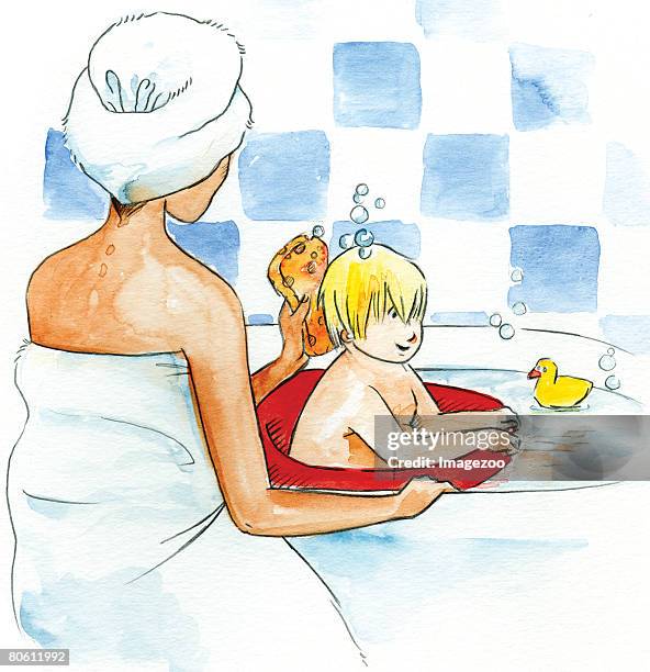 a mother bathing her son in the bathtub - boy bath stock illustrations