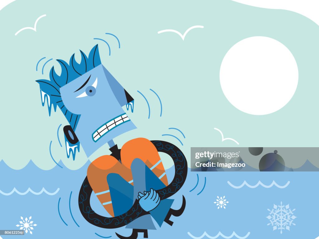 Man with life jacket on with icicles hanging from him in icy water