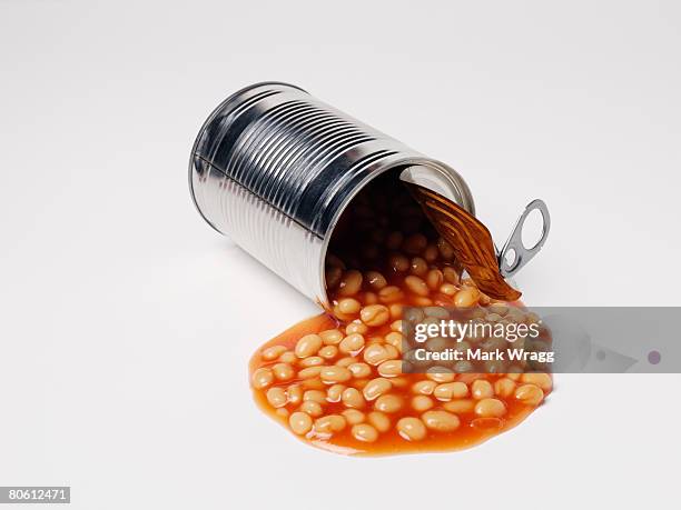 spilled can of beans - canned food on white stock pictures, royalty-free photos & images