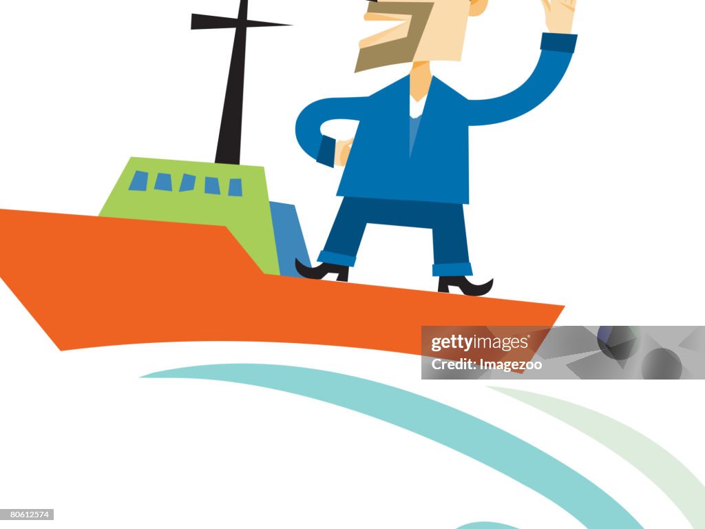 A man standing on the deck of a boat and pointing towards a clock