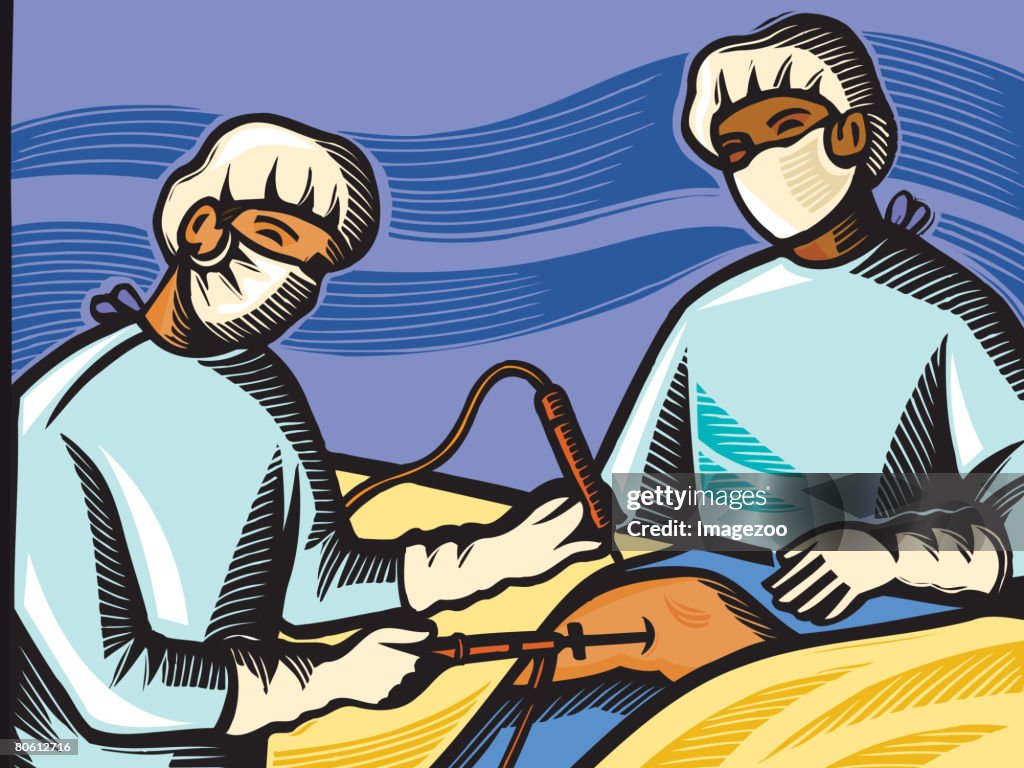 A surgeon and nurse performing knee surgery