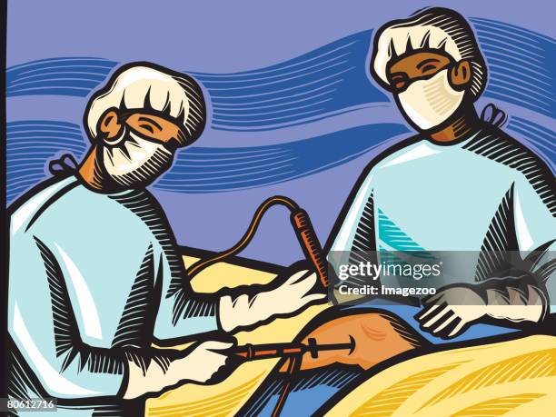 a surgeon and nurse performing knee surgery - operating gown stock illustrations