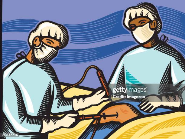 a surgeon and nurse performing knee surgery - operating gown 幅插畫檔、美工圖案、卡通及圖標