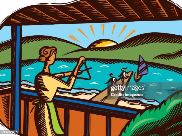 a mother calling her kids for lunch using a triangle bell - rolling hills sunset stock illustrations