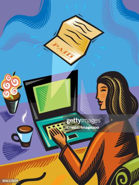 a woman paying bills online - accounts payable stock-grafiken, -clipart, -cartoons und -symbole