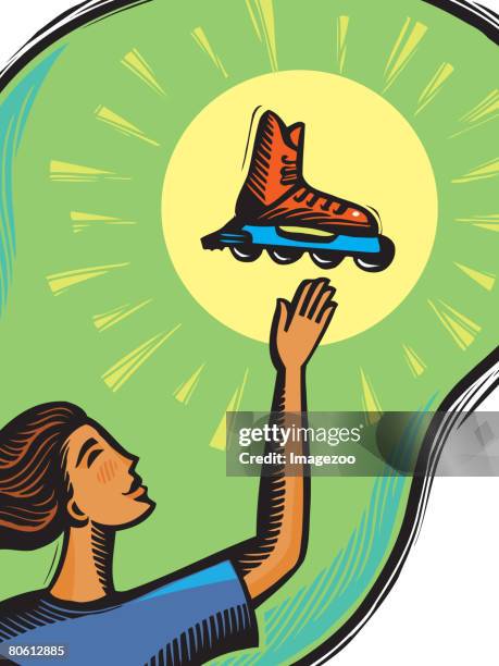 a woman reaching for her rollerblades - roller blade stock illustrations