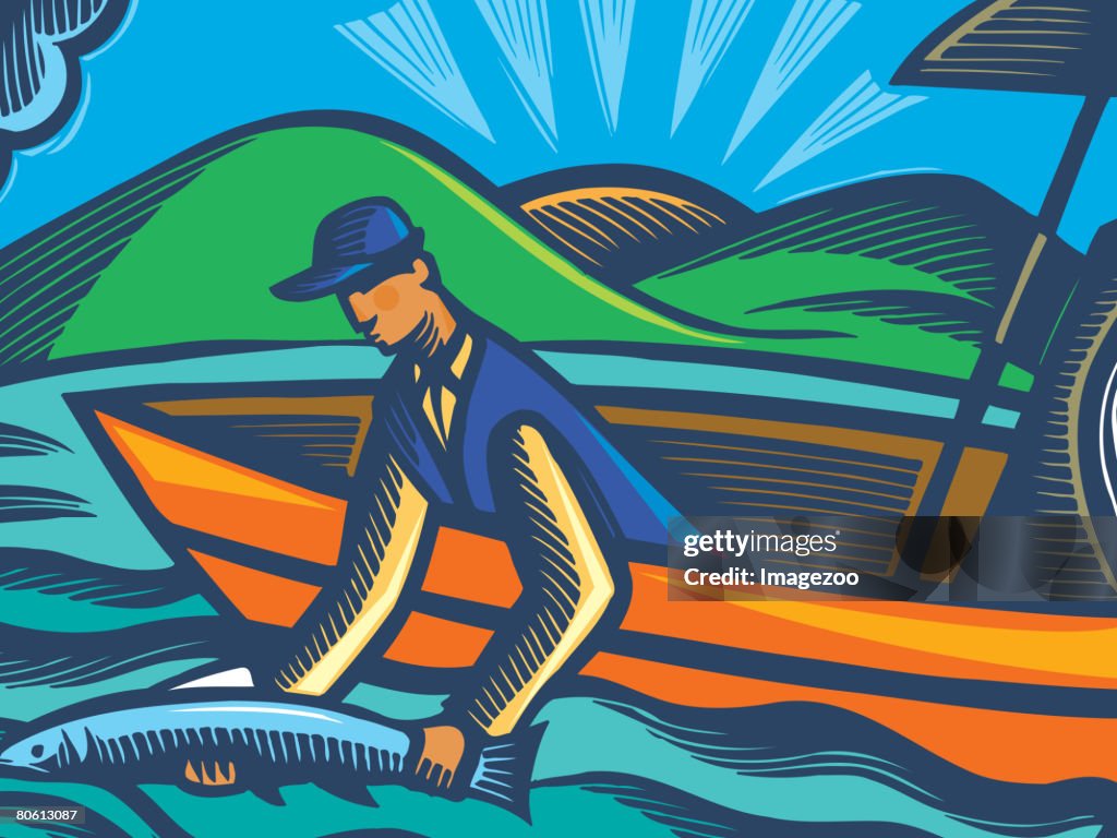 A man putting a fish back in the water