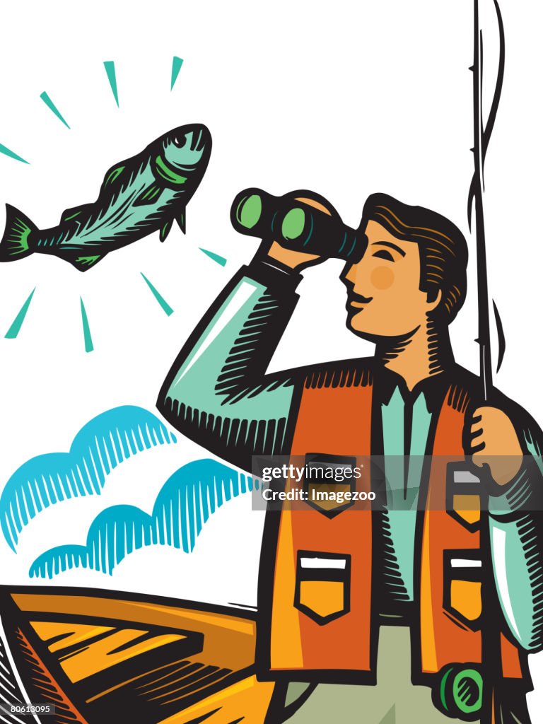 A fisherman looking at a fish through his binoculars