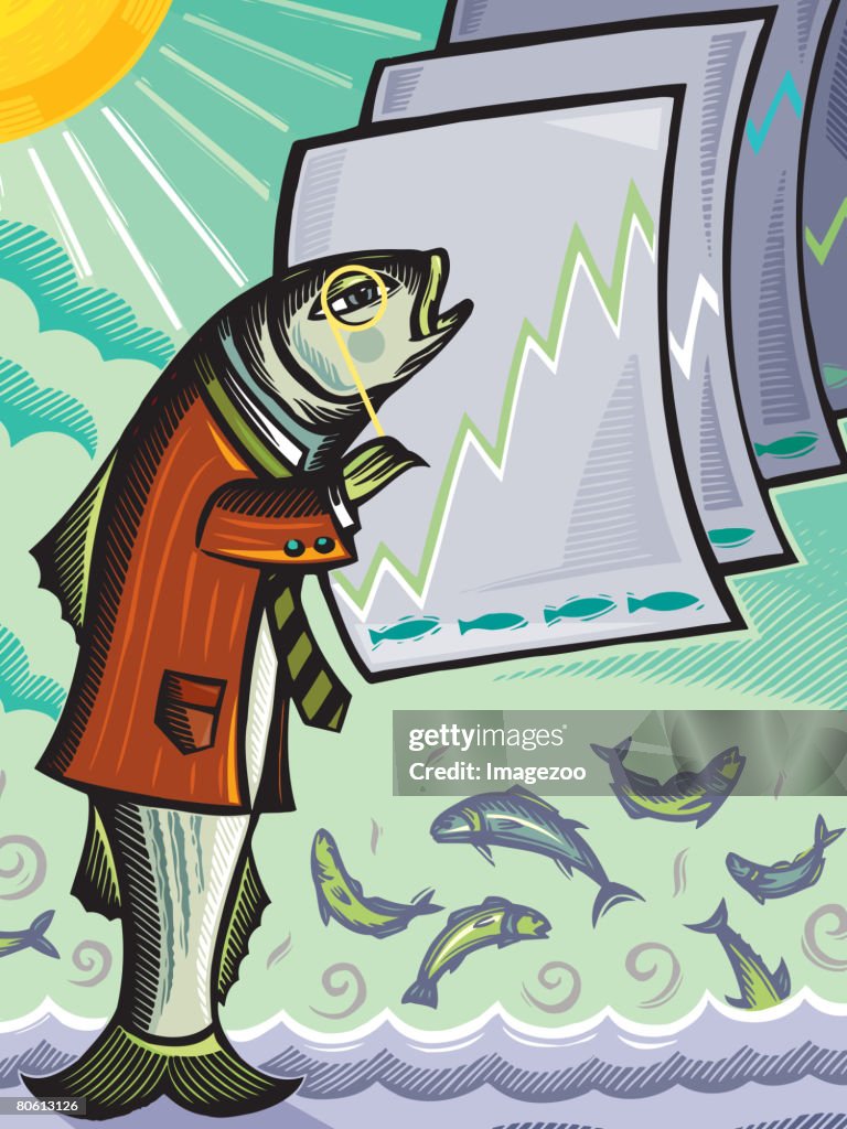 A fish wearing a monocle while reading fishing forecasts
