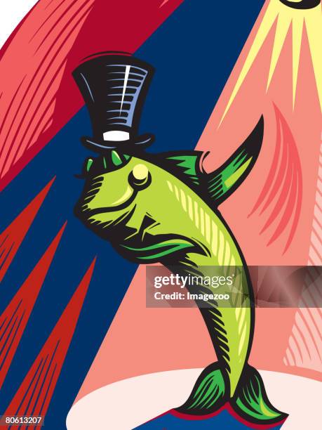 a fish wearing a top hat and performing on stage - top knot 幅插畫檔、美工圖案、卡通及圖標