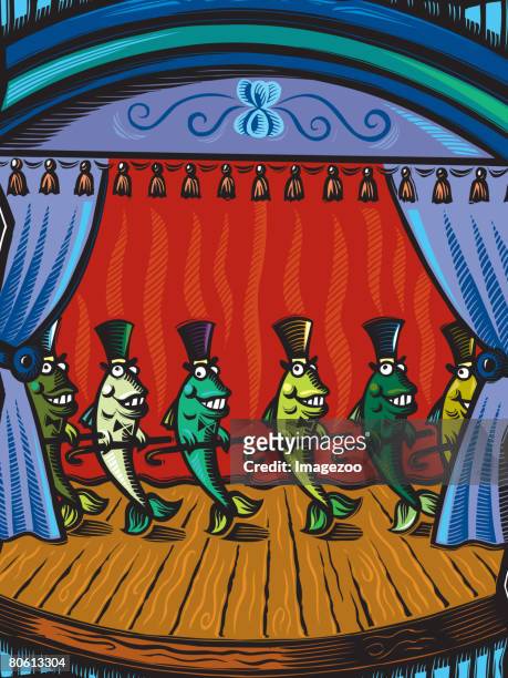 dancing fish on stage holding canes and wearing top hats - top knot 幅插畫檔、美工圖案、卡通及圖標