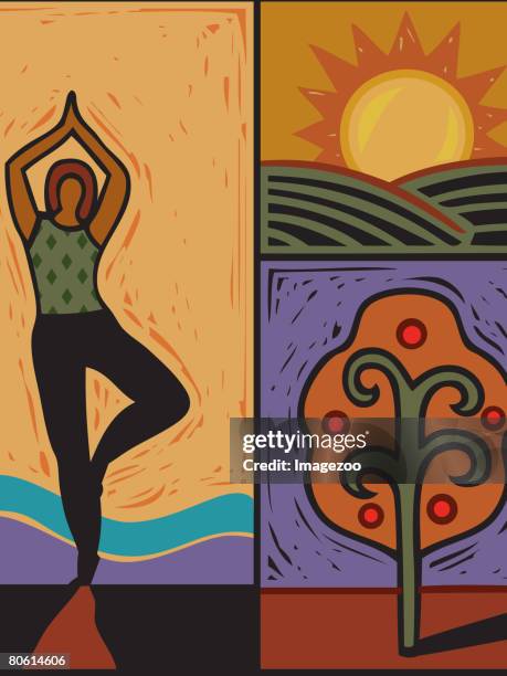 illustration of a woman doing yoga - sunrise yoga stock illustrations